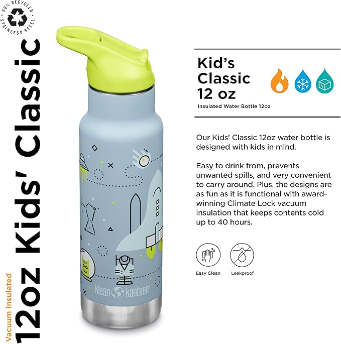 Klean Kanteen 12 oz Classic Kid's Insulated Water Bottle with Flip Seal Sport Cap - 100% Leakproof Cap - BPA-Free - Stainless Steel Material - Launch Plan