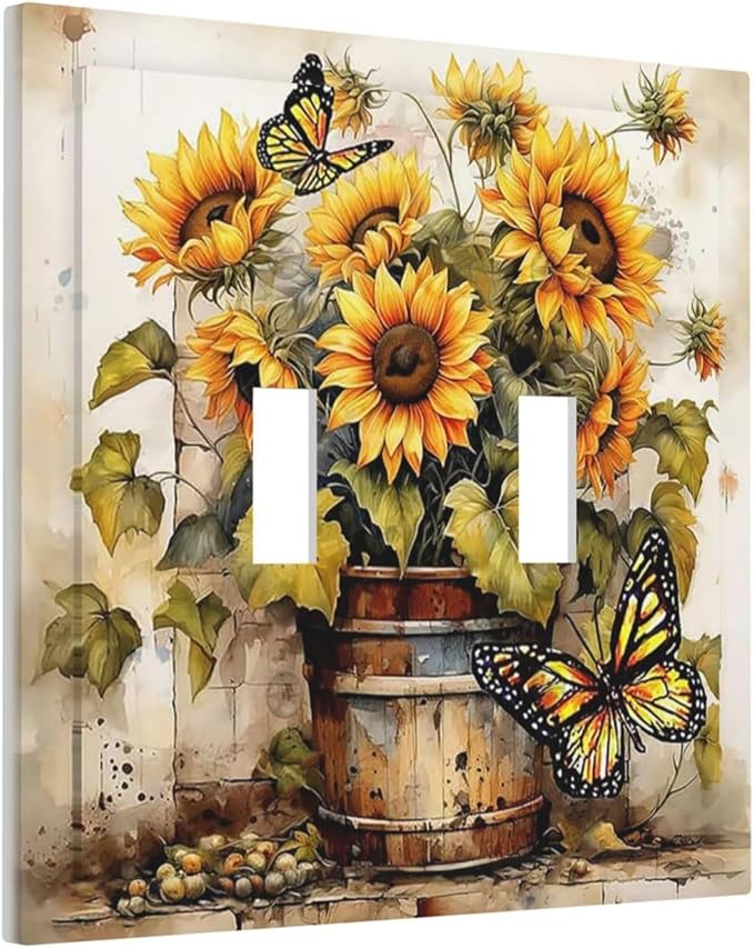 Decorative Switch Plates Rustic Vintage Sunflower Bouquet Butterfly 2 Gang Double Toggle Wall Plate Outlet Light Switch Cover Electrical Faceplate for Farmhouse Cabin Decor