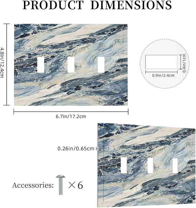 Decorative Switch Plates Blue Grey Marbling Modern Abstract Design 3 Gang Wall Plate Faceplate Triple Toggle Light Switch Cover Electrical Wall Panels for Bedroom living Room Decor
