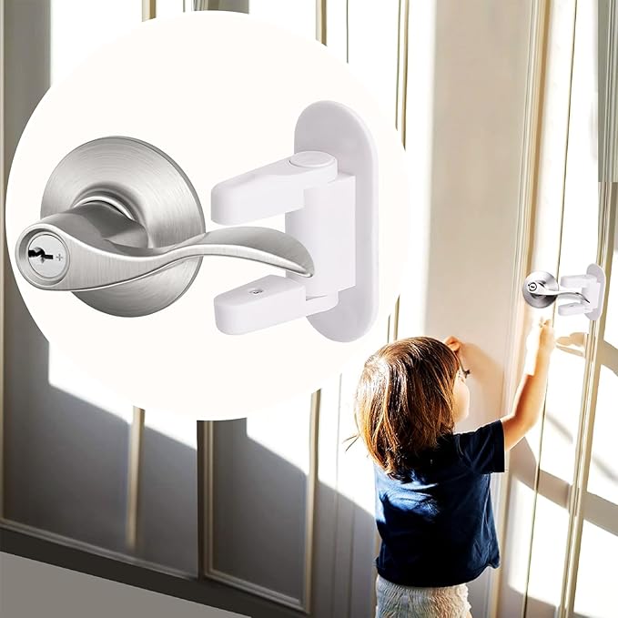 Matenf Childproof Door Lever Lock (2 Pack) Prevents Toddlers Pets From Opening Doors, Door Handle Lock for Babyproofing, Durable Safe ABS Material Strong Adhesive, No Drill Tool Needed Easy to Install