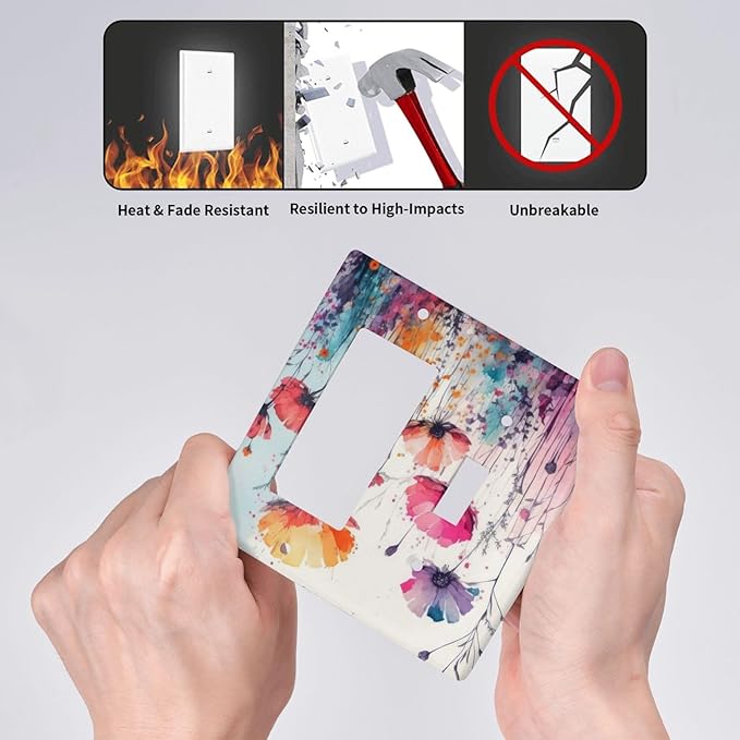 Decorative Outlet Cover Colorful Watercolor Wildflowers Elegant Painting Floral 2 Gang Wall Plate Single Toggle 1 Rocker Light Switch Cover Switch Plate Covers Faceplate for Bedroom Decor