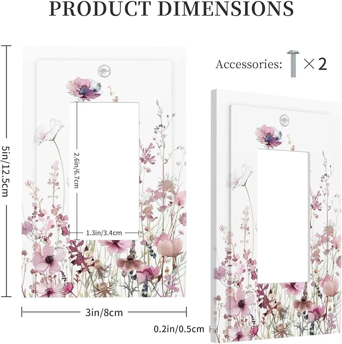 Floral Pink Watercolor Wildflowers Plant Flower Decorative Outlet Covers 1 Gang Single Rocker Light Switch Cover Plate Wall Plates GFCI Faceplate for Bedroom Living Room Decor