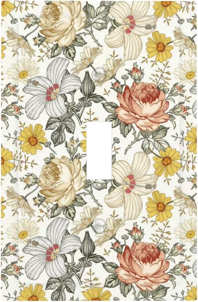 Multicolor Peony Daisy Vintage Floral Flower Decorative Light Switch Cover 1 Gang Single Toggle Device Electrical Faceplate Switchplates Decorator Outlet Wall Plate for Bedroom Living Room Decor