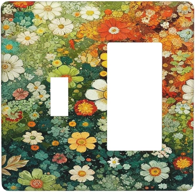 Light Switch Cover Plate Colorful Flowers Green Plants Meadow Floral 2 Gang Combo Wall Plates Toggle Rocker Decorative Switch Plates and Outlet Covers for Bathroom Bedroom Decor