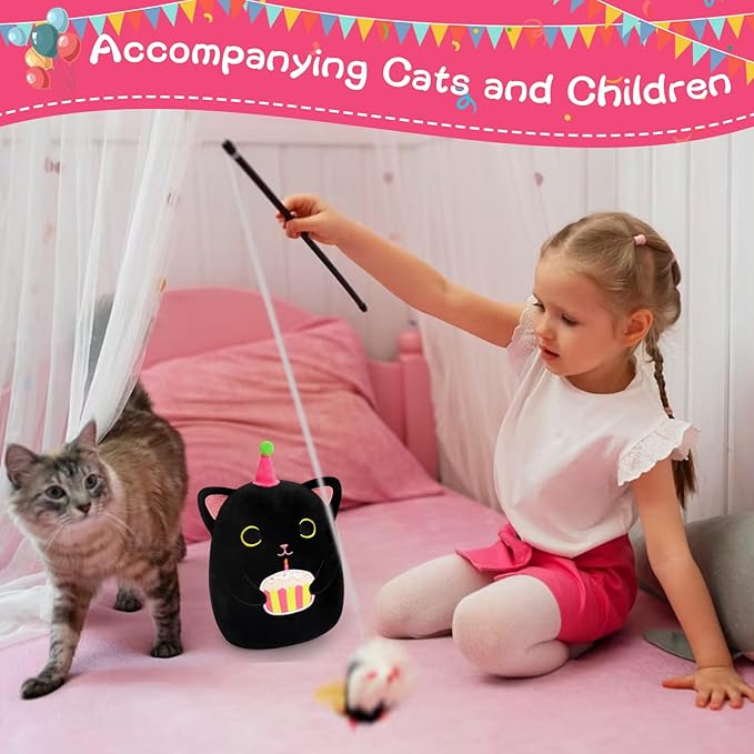 Black Cat Plush, 8 inch Happy Birthday Cat Stuffed Animal with Cake, Cute Plush Black Kitten Birthday Gift for Girls, Boys and Cats, Home Room Decoration