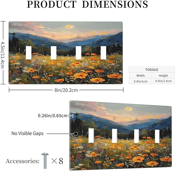 Sunset Wild Flower Field Floral Nature Landscape Light Switch Covers Quad Toggle Electrical Faceplate 4 Gang Wall Plate Decorative Switch Plates Cover for Farmhouse Bedroom Decor