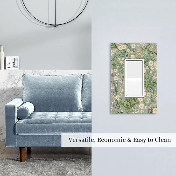 Decorative Light Switch Cover Plate with Vintage Wildflowers & Daisies on Light Green Background Design 1 Gang Rocker Outlet Covers Single Decora Gfci Device Wall Plate