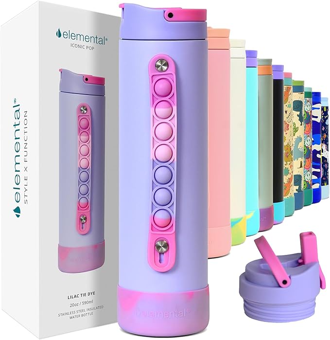 Elemental Iconic Kids Water Bottle for School - 100% Leak-Proof Insulated Water Bottles with Straw Lid & Pop-It Handle for Boys & Girls - Triple-Wall Insulated & BPA-Free, 20oz – Lilac Tie Dye