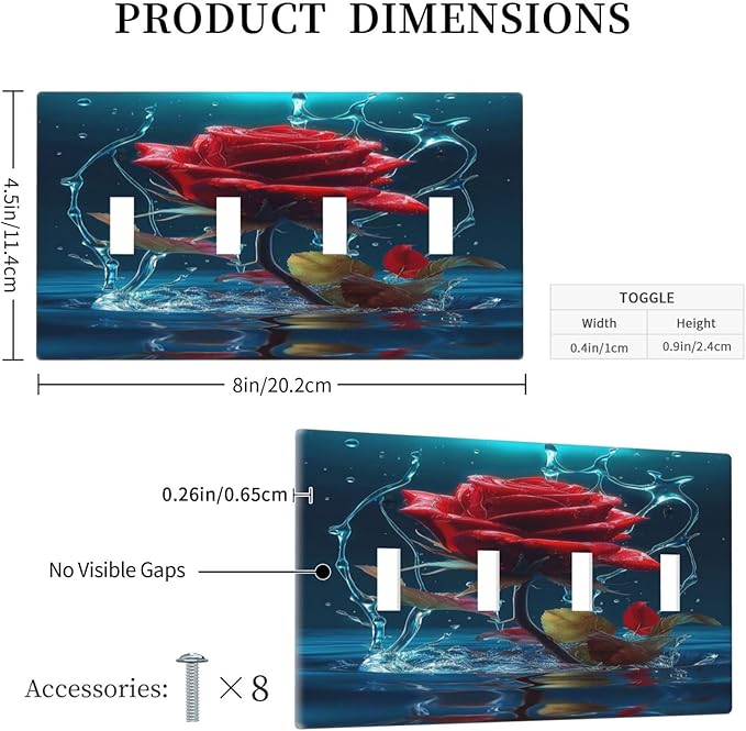 Red Rose Blue Water Drips Quad Toggle Light Switch Cover Decorative 4 Gang Wall Plate Covers Electrical Faceplate Switchplate for Kidroom Bathroom Bedroom Living Room Decor