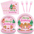 96 Pcs Gingerbread Birthday Party Plates Napkins Tableware Set Pink Christmas Party Supplies Disposable Dinnerware Merry Birthday Decoration Favors for Winter Xmas Baby Shower Holiday, 24 Guests