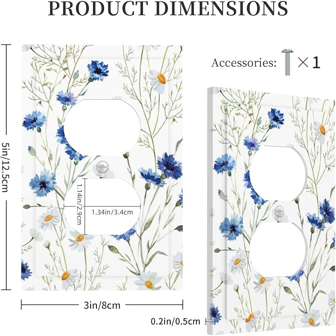 Decorative Outlet Covers Watercolor Daisy Blue Floral Vintage Plant 1 Gang Duplex Light Switch Cover Plate Electrical Switch plates WallPlates Socket Covers for Bedroom Home Decor