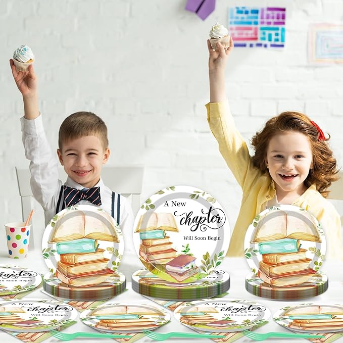 96Pcs Storybook Party Plates and Napkins for Book A New Chapter Will Soon Begin Themed Paper Dessert Plates School Library Reading Tableware Set for Baby Shower 24 Guests Birthday Party Decorations