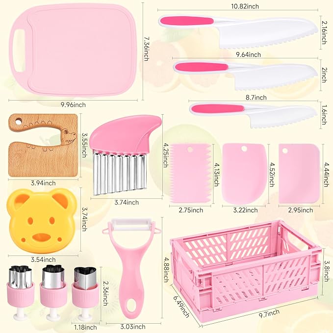 28PCS Toddler Knife Set - Kids Knifes for Real Cooking, Wooden Kids Kitchen Knife Set with Gloves Cutting Board Crinkle Cutters Kid Safe Knives, Toddlers Kitchen Tools (Crocodile 16PCS Set)
