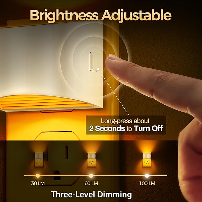 DORESshop LED Night Light[2 Pack], Night Lights Plug into Wall, 3 Level Brightness Adjustable Plug in Night Light, Dusk to Dawn Sensor Nightlights for Adults,Bedroom,Bathroom,Hallway, Amber