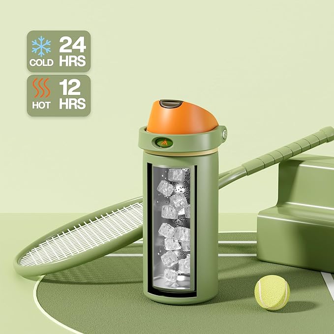 POWCAN 18 oz Metal Sports Water Bottle: 2-in-1 Push-Button Spout & Quick-Flip Straw, Leakproof, Cold 24 Hrs, Fits Car Cup Holder, Insulated Bottle for Hiking, Camping, School, Travel Gift (Olive Cool)