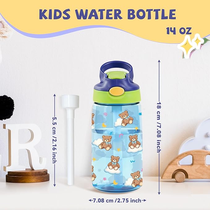 14oz Bear Kids Water Bottle with Straw - Bears Clouds Water Bottle For School, Leakproof, Lightweight, Durable Plastic Bottles for Kids Travel, Pop-Up Straw Cover, Gift Cup for Girls (Bear)