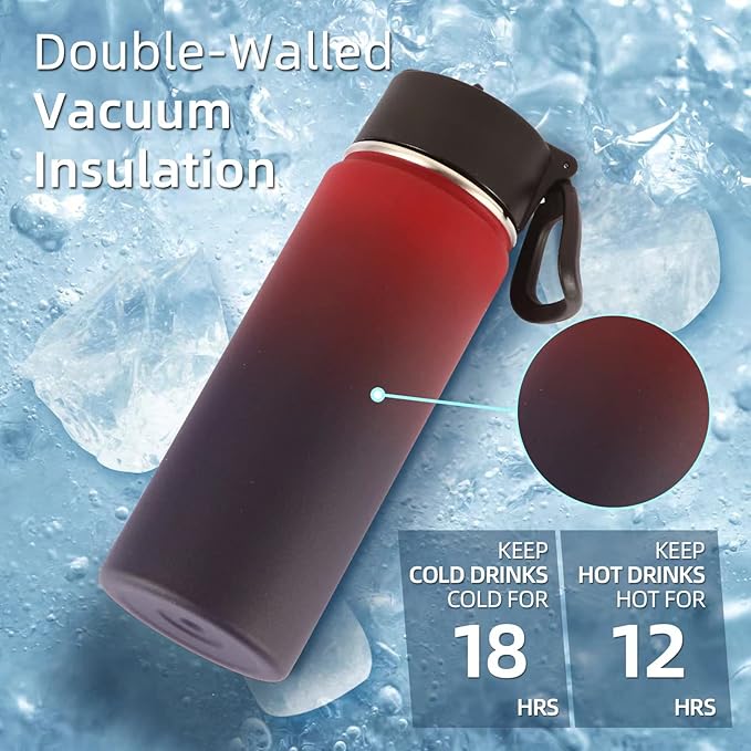 Volhoply 18oz Insulated Water Bottle Bulk 4 Pack,Kids Stainless Steel Water Bottles with Straw Lid,Wide Mouth Reusable Metal Cups,Double Wall Vacuum Sports Flask Keep Hot and Cold(Red Purple,4 Set)