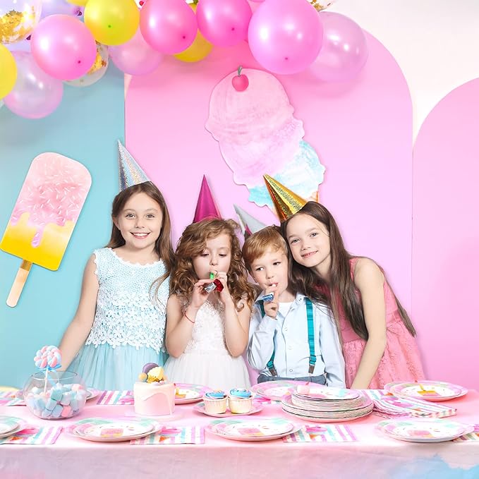 WERNNSAI Ice Cream Plates and Napkins - Ice Cream and Popsicle Theme Party Supplies for Girls Birthday Disposable Tableware Dessert Plates Luncheon Napkins Serves 16 Guests 48PCS