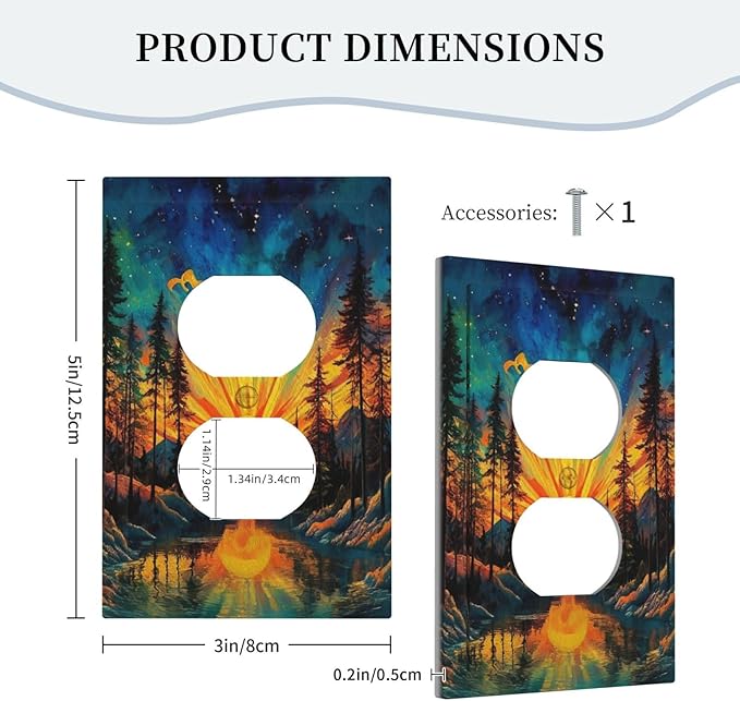 Decorative Outlet Covers Vintage Forest Sun Boho Mountain Starry Sky 1 Gang Duplex Light Switch Cover Plate Electrical Switch plates Wall Plates Receptacle Covers for Bathroom Bedroom Decor