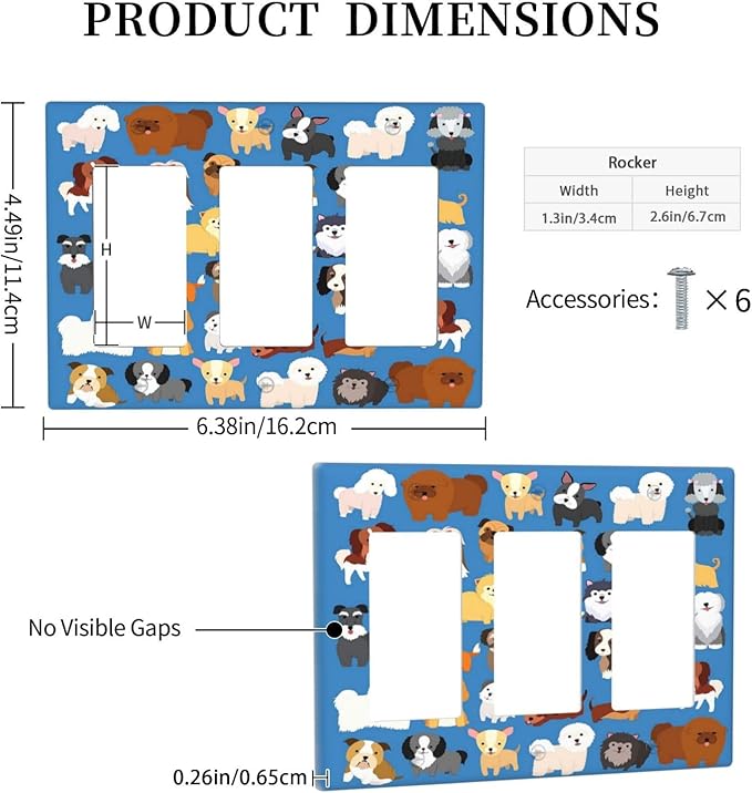 Cute Animal Dogs Puppy Decorative Outlet Cover Triple Rocker Light Switch Plate Cover Electricity Receptacles Plates For Home Kitchen Living Bedroom 6.57 * 4.65