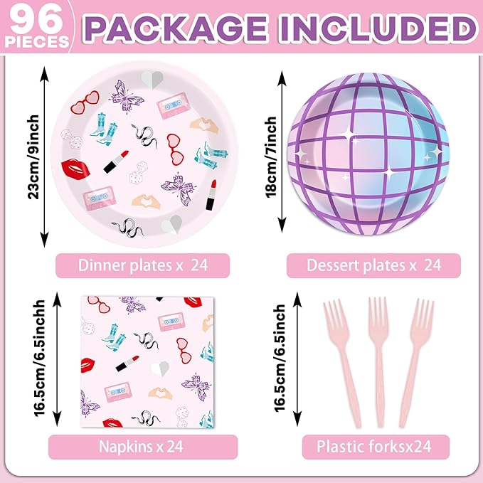 96Pcs Era's Birthday Party Plates and Napkin Women Music Birthday Party Supplies Iridescent Disco Dessert Plates Music Tableware Set for 24 Guest Bachelorette Decorations