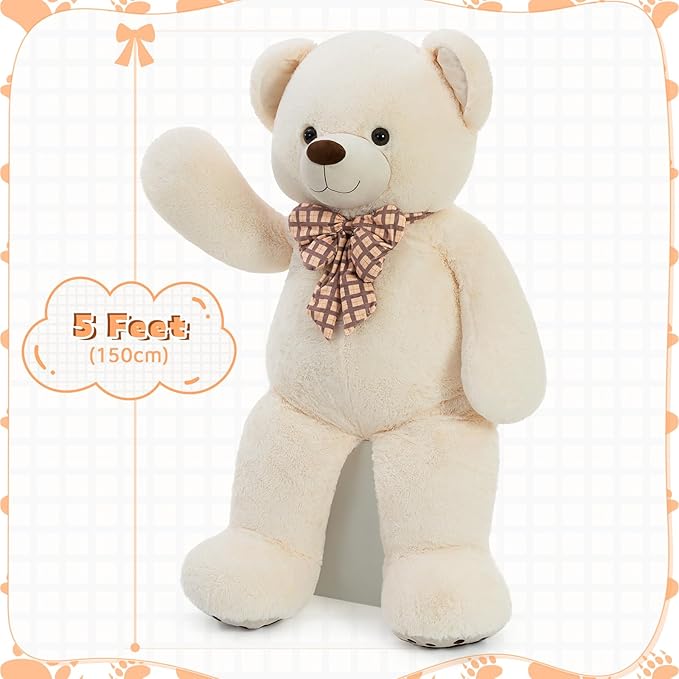 MorisMos 5 FT Big Teddy Bear, 5 Feet Huge Teddy Bears Stuffed Animals for Girlfriend Wife, Cuddly Gift Life Size Bear on Valentines Birthday, 59 Inch, White