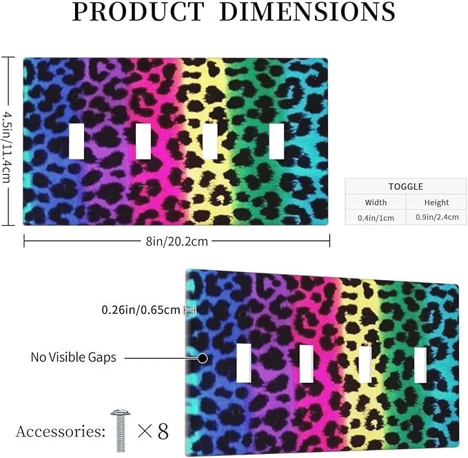 Rainbow Colorful Leopard 4 Gang Light Switch Cover Decorative Quad Toggle Wall Plate Decorative Electrical Faceplate For Girls Boys Home Bedroom Decorate Large Size 8" x 4.5
