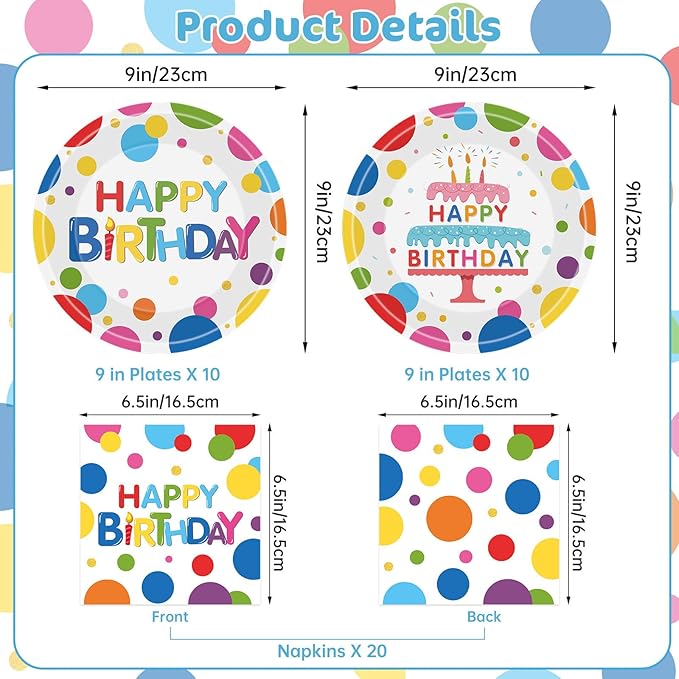 40 Pcs Happy Birthday Paper Plates and Napkins Sets - Polka Dots Bday Party Supplies Tableware, Disposable Colorful Dinner Plates Napkins Kit for Birthday Party Decorations Table Decor, Serves 20