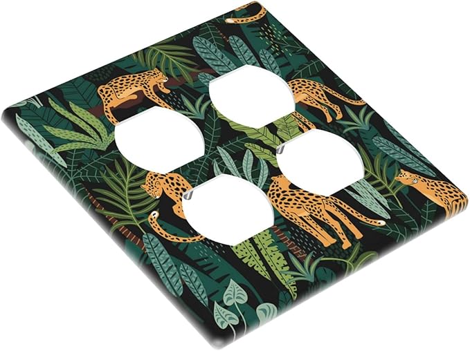 Jungle Cheetah Tropical Wildlife Leopard Green Palm Leaf Outlet Covers 2 Gang Double Duplex Decorative Light Switch Covers Electrical Wallplates Socket Faceplate for Farmhouse Home Decor