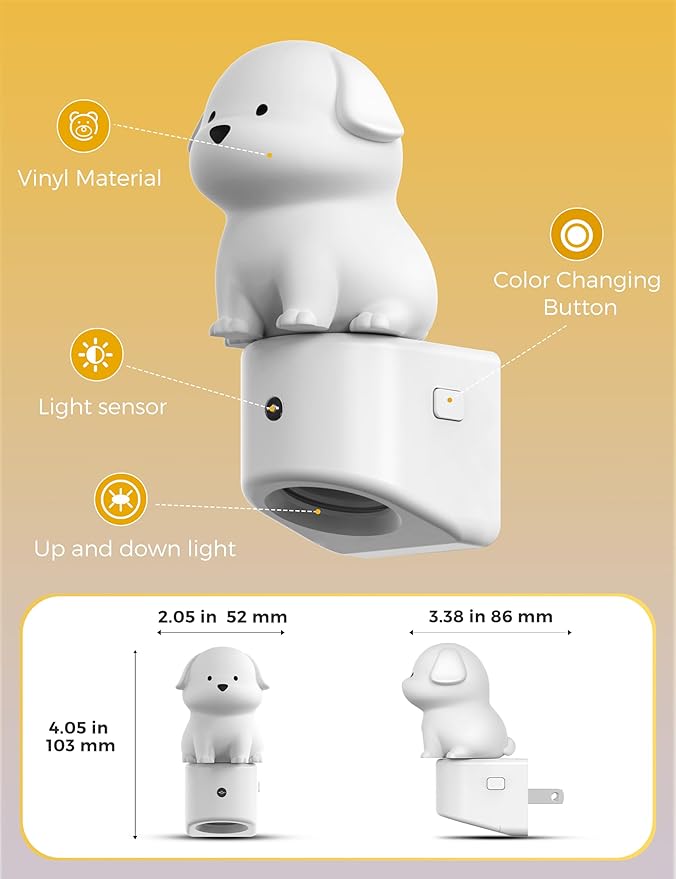 L LOHAS LED Night Light for Kids, 3D Dog Night Light Plug in, Dusk to Dawn Nursery Night Lights, RGB+Soft White 3000K, 3 Lighting Modes, Room Decor, Children