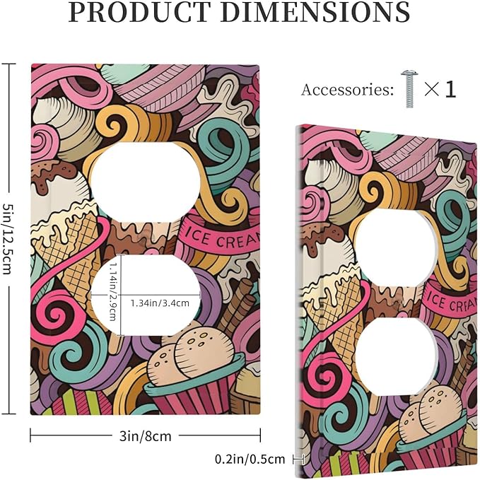 Cartoon Hand Drawn Ice Cream Doodles Colorful Print Outlet Covers 1 Gang Duplex Light Switch Cover Decorative Switch Plates Electrical Receptacle Faceplate Wall Plate for Kids Room Nursery Decor