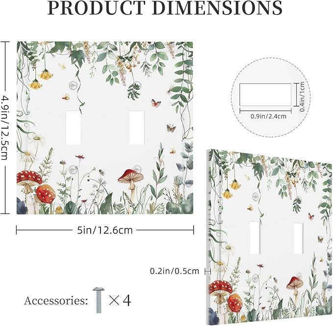 Decorative Switch Plates Sage Plant Red Mushroom Butterfly Wild Flower 2 Gang Double Toggle Outlet Light Switch Cover Wall Plate Electrical Faceplate For Bed Room Kids Room Decor