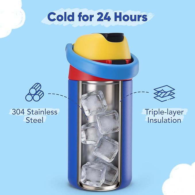 12 oz Water Bottle Insulated, 304 Stainless Steel Insulated Kids Water Bottle with Straw, 2-in-1 Lid Toddler Cups for School Boys Girls, BPA-Free, Leak-Proof, Great for Sport, Travel, Technology Blue