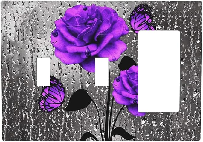 Cute Pretty Purple Gray Flowers Romantic 3-Gang Combination Double Toggle/Single Decorator Outlet Wall Plate Rose Blossom Butterfly Electric Decorative 2-Toggle 1-Rocker/GFCI Combo Light Switch Cover