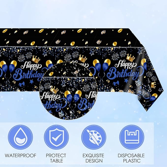 Blue and Black Birthday Decorations,Birthday Plates and Napkins Party Supplies Include Disposable Paper Plates Napkins Tablecloth,for Men Women Bday Party Dinner Decorations,Serves 20