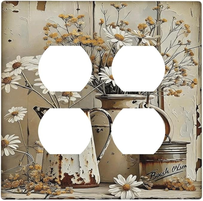 Rustic Flowers Daisy Floral White Wooden Planks Outlet Covers 2 Gang Double Duplex Decorative Light Switch Covers Electrical Wallplates Socket Faceplate for Farmhouse Home Decor
