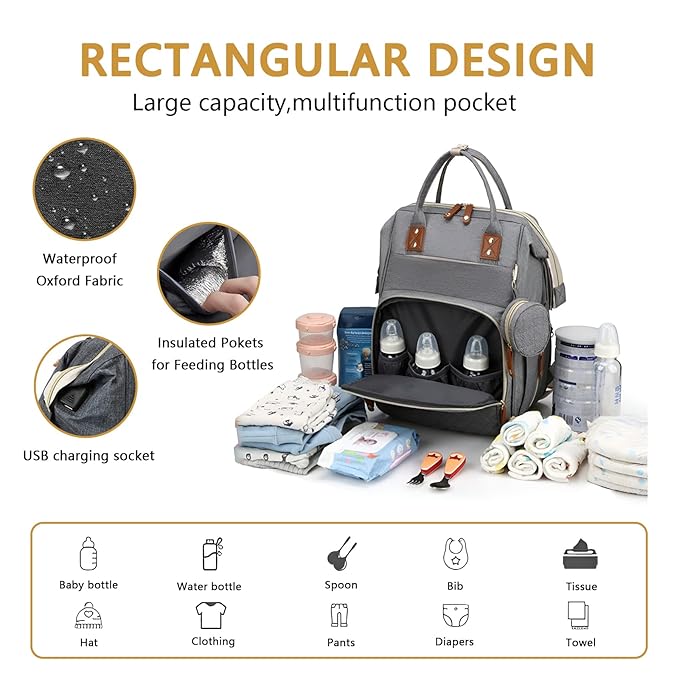 GurZinn Baby Diaper Bag Backpack with Changing Station Travel Waterproof 3 in 1 Foldable Pad Unisex Grey