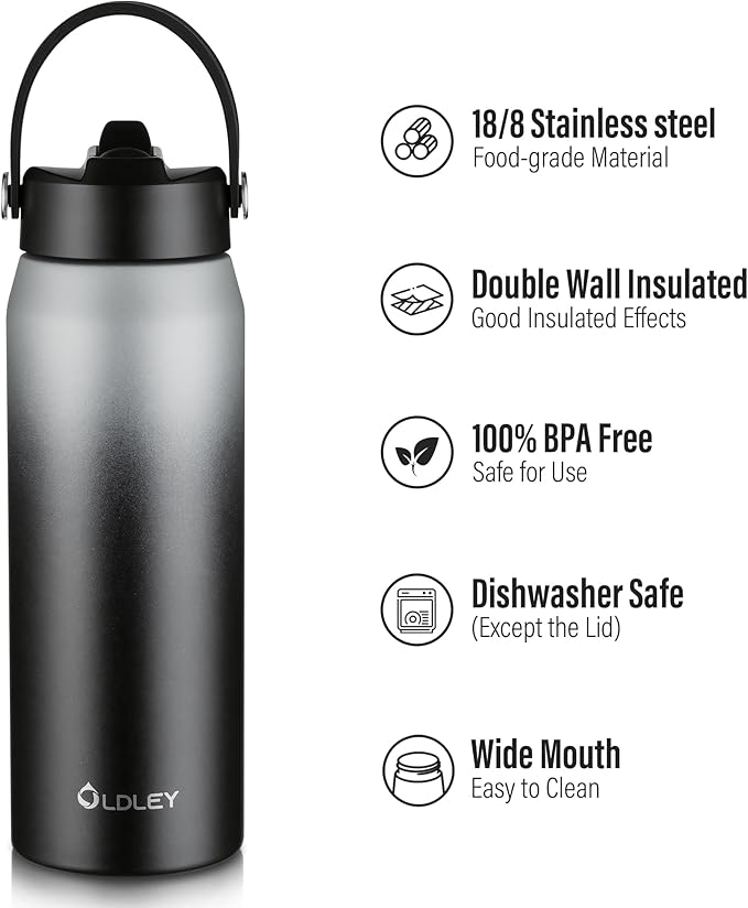 Oldley 24oz Insulated Water Bottle with Straw, Stainless Steel Water Bottle for Sports, Travel, School, BPA-Free Sports Bottles for Adult Kids, Leak-Proof, Gray-Black