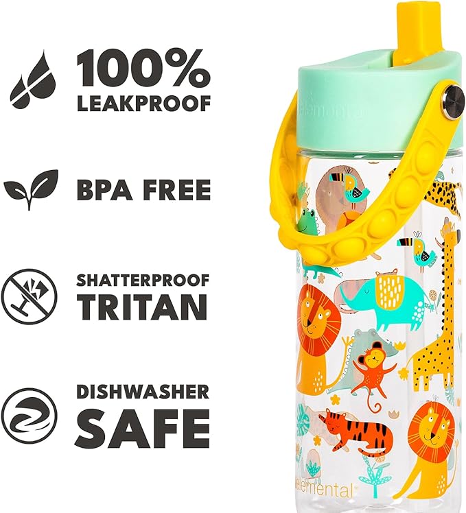Elemental Water Bottles for Kids - Splash Kids Water Bottle for School with Pop-it Handle - BPA Free Tritan Plastic Water Bottle with Straw Leak Proof when Spout is Closed - Clear Jungle - 18oz