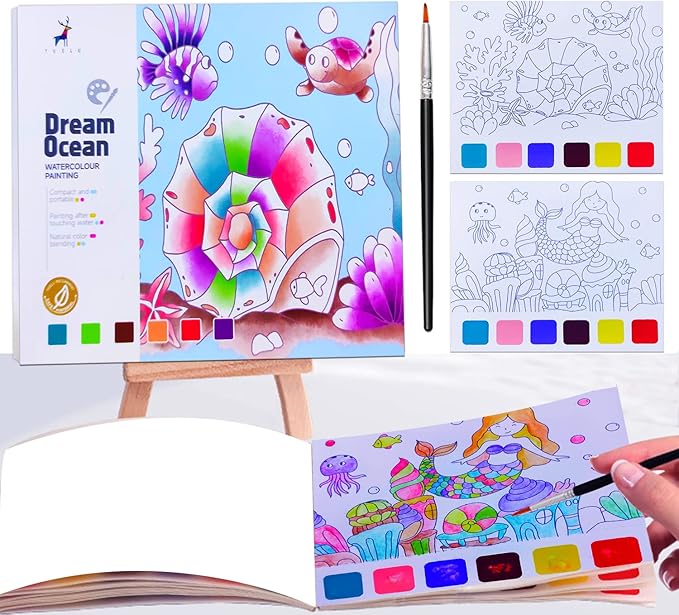 JUNQIU Watercolor Coloring Books for Kids Ages 4-8, Pocket Watercolor Painting Book for Toddlers, Arts and Crafts for Girls Gifts, Stocking Stuffers For Kids