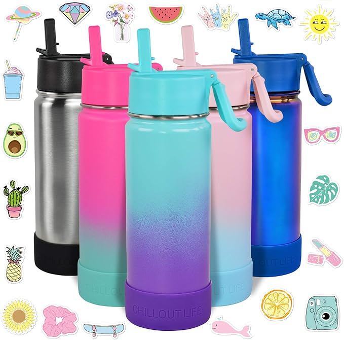CHILLOUT LIFE 17 oz Kids Insulated Water Bottle for School with Straw Lid Leakproof and Cute Waterproof Stickers, Personalized Stainless Steel Thermos Flask Metal Water Bottle for Girls & Boys
