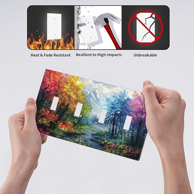Colorful Forest Snow Mountain River Oil Painting Style Light Switch Covers Quad Toggle Electrical Faceplate 4 Gang Wall Plate Decorative Switch Plates Cover for Bedroom Living Room Decor