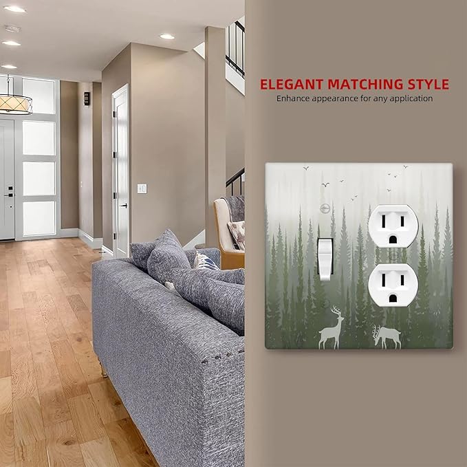 Green Pine Tree Deer Country Forest Bird Nature Mist Wallplates 1 Toggle 1 Duplex Electrical Gfci Faceplate Decorative Light Switch Covers Switch Plate for Bedroom Home Decor