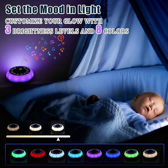 Syaws Portable Sound Machine,White Noise Machine with 27 Soothing Sounds,7 Color Night Light with Nursery Lamp,Child Lock Design,5 Sleep Timer with 18 Levels of Volume,USB C Rechargeable