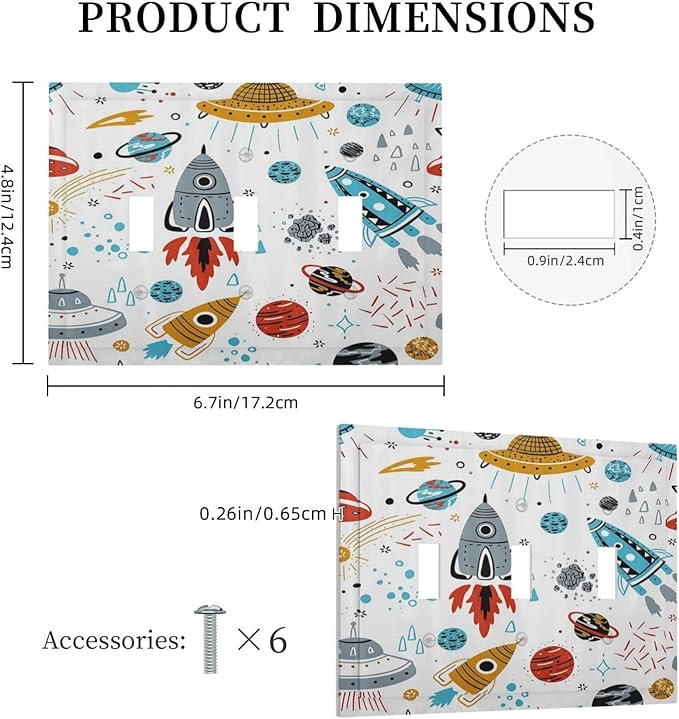 Cartoon Space Rocket Boys Universe Planet 3 Gang Light Switch Covers Decorative Unique Triple Toggle Wall Plate Electrical Faceplate Switchplate for Nursery Kidroom Bedroom Home Decor