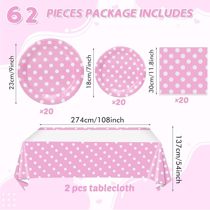 62Pcs Birthday Party Decorations with Dots Design, Pink Polka Dot Party Supplies Includes 20 9'' Plates, 20 7'' Plates, 20 Napkins and 2 Tablecloth for Birthday Minnie Mouse Theme Party Decorations