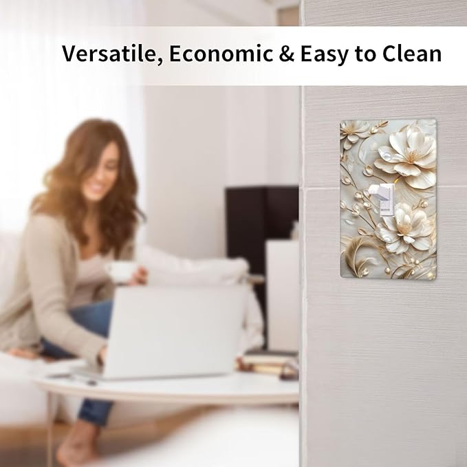 Decorative Art Light Switch Covers Elegant White and Gold Florals Single Toggle Wall Plate Decorative Switchcover Electrical Switchplate for Home Decor