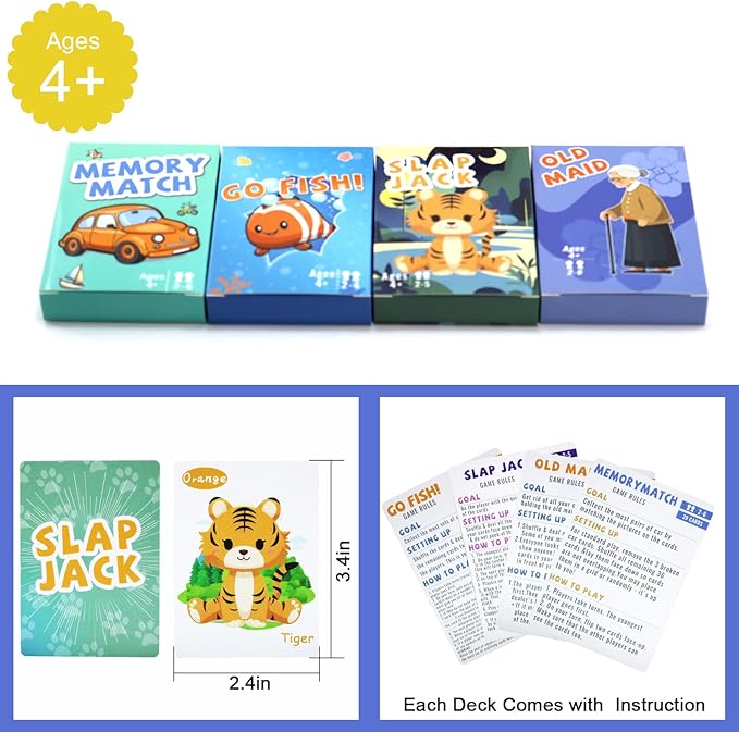 Card Games for Kids Ages 4-8, Go Fish,Old Maid Card Game and Memory Games Card, Fun Classic Kid Toddlers Games for Family Game Night Party Travel Preschool Classroom,Stocking Stuffers Gifts,4 Decks