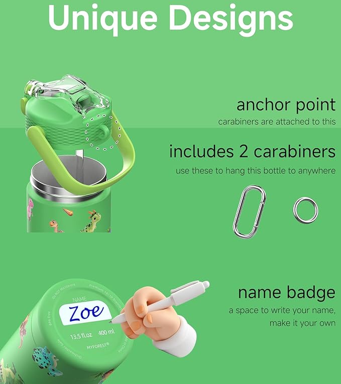 MYFOREST 14oz/400ml Insulated Kids Water Bottle, Odor-Free Surgical Grade Liner, Dishwasher-Safe, Name Spot, Soft Sipper, Gift for Dino Fan (DinoCraft: Chibi)