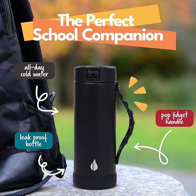 Elemental Iconic Kids Water Bottle for School - 100% Leak-Proof Insulated Water Bottles with Straw Lid & Pop-It Handle for Boys & Girls - Triple-Wall Insulated & BPA-Free, 14oz – Black